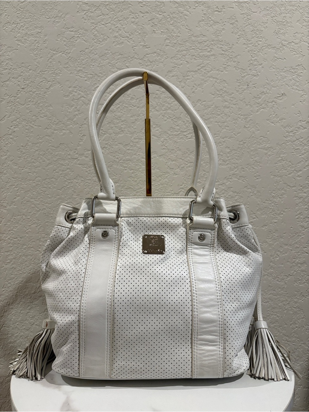 MCM White Leather Tote Bag with Tassels